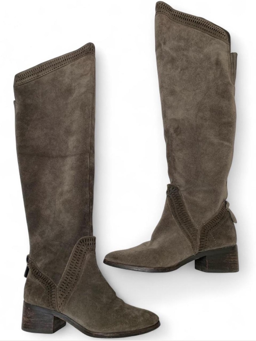Vince Camuto Knee-High Grey Suede Boots - Laser Cut Accents Size 7